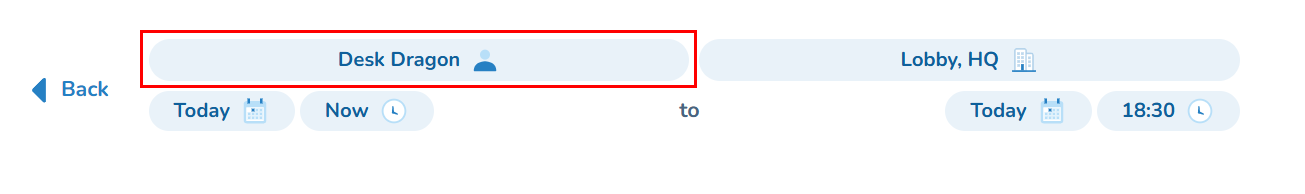 Booking screen with user selector pill highlighted
