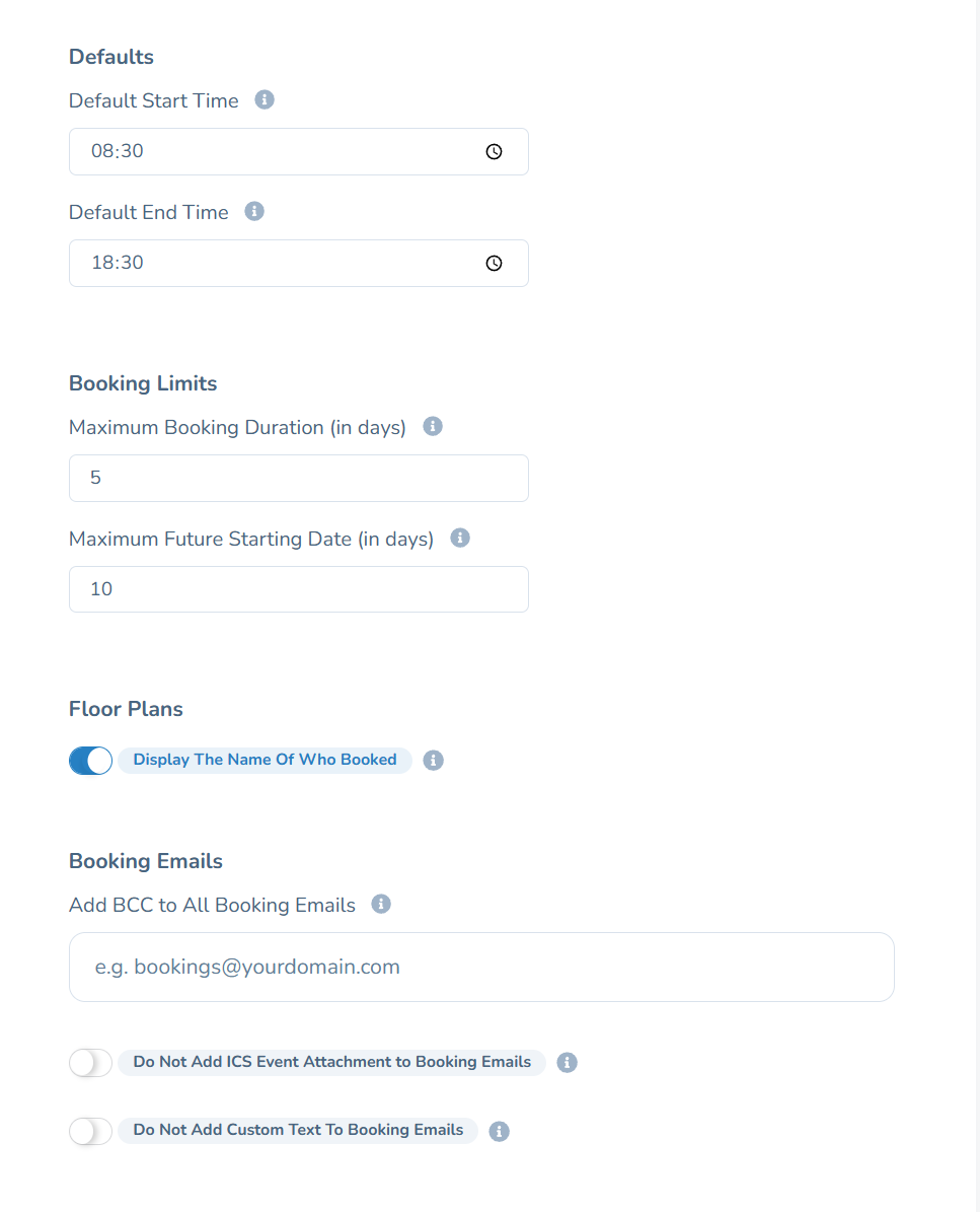 Booking settings with defaults, limits, floor plans, and email options