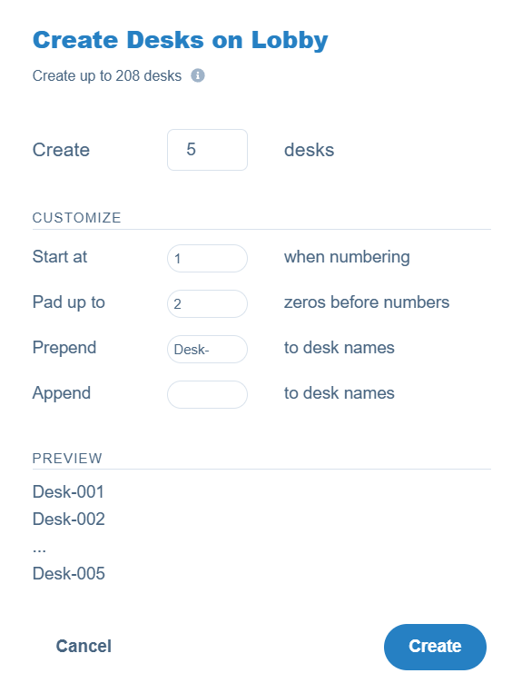 Create desks form with numbering customisation and preview