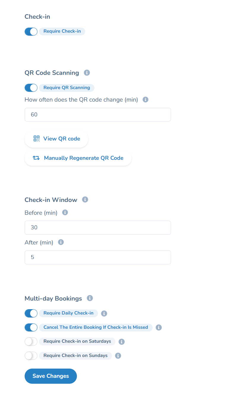 Check-in settings with QR scanning, check-in window, and multi-day options