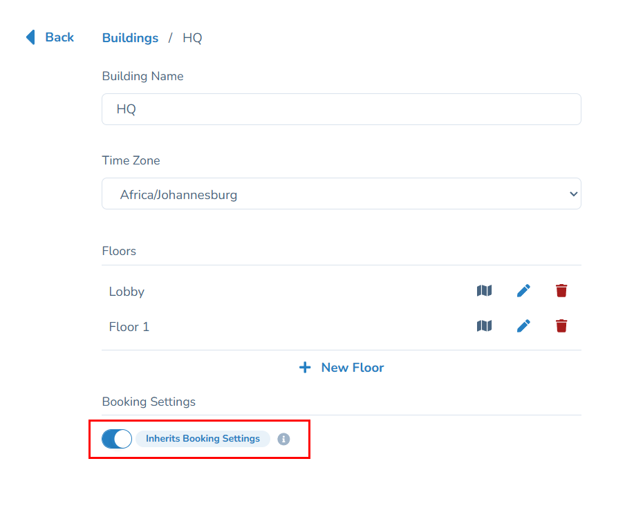 Building settings with floors and booking settings override