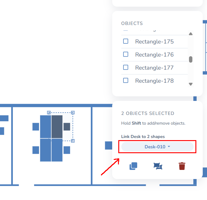 Linking two selected shapes to Desk-010 from the floor plan editor's right-hand panel